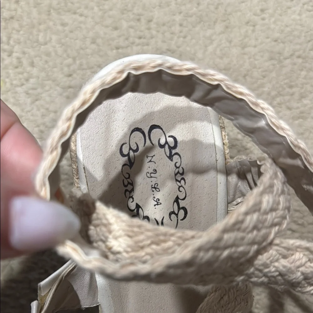 N.Y.L.A. Cream Wedge Sandals with Textured Straps